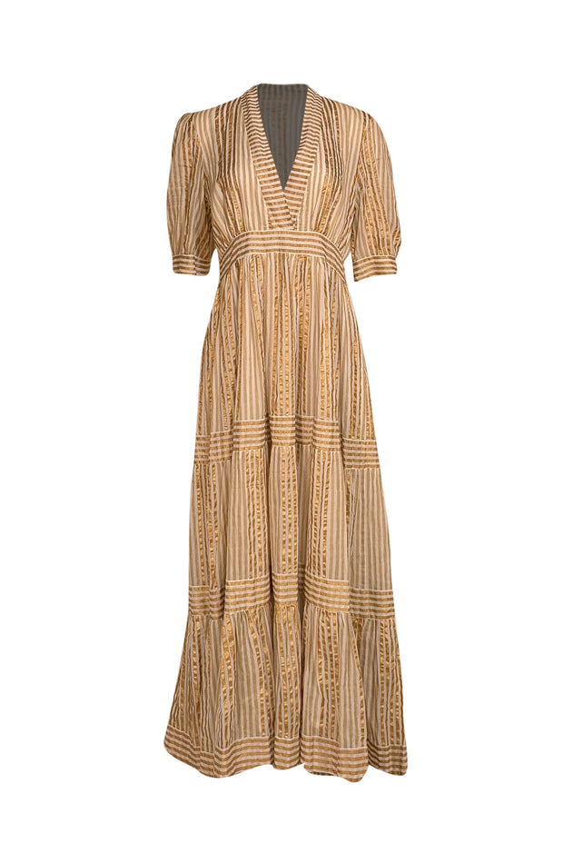 Oliphant - Gold, Beige, and Ivory Striped Maxi Dress Sz M - Current Boutique