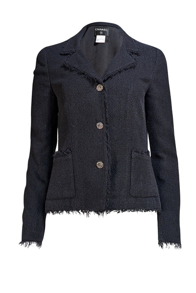 Chanel - Black Tweed Frayed Hem Blazer Sz 10 - Current Boutique