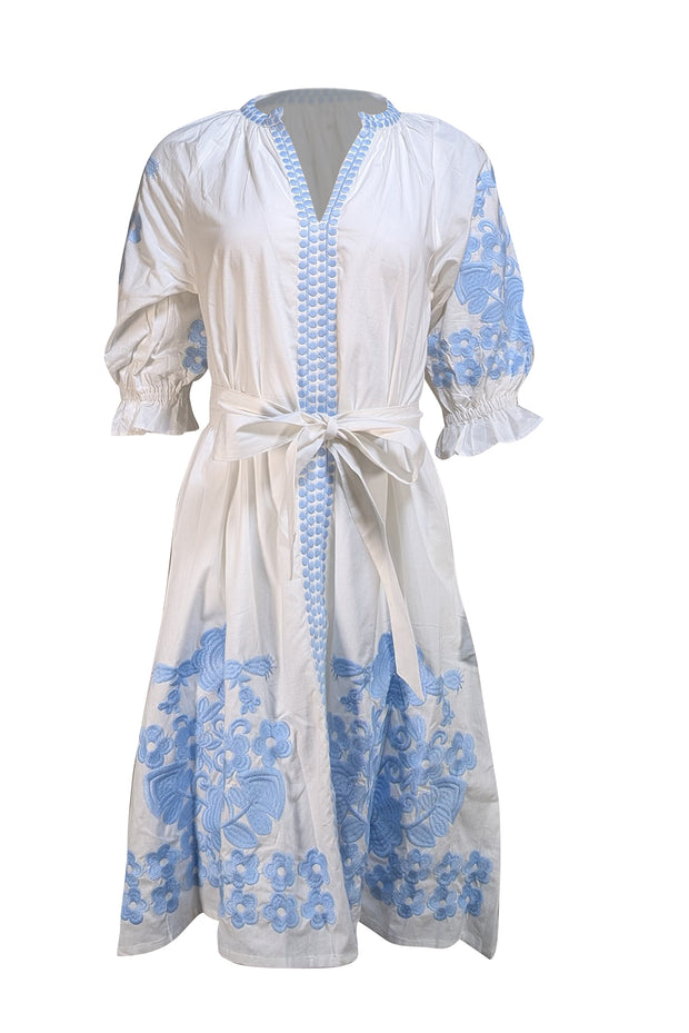 Julia Amory - White W/ Blue Embroidery "Coatue" Caftan Dress Sz S - Current Boutique