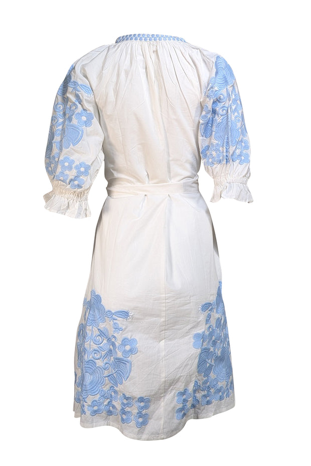 Julia Amory - White W/ Blue Embroidery "Coatue" Caftan Dress Sz S - Current Boutique