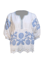 Rose & Rose - White Linen W/ Blue Floral Applique Sz S - Current Boutique