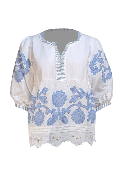 Rose & Rose - White Linen W/ Blue Floral Applique Sz S - Current Boutique