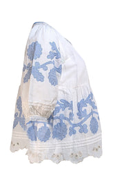 Rose & Rose - White Linen W/ Blue Floral Applique Sz S - Current Boutique