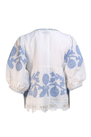 Rose & Rose - White Linen W/ Blue Floral Applique Sz S - Current Boutique