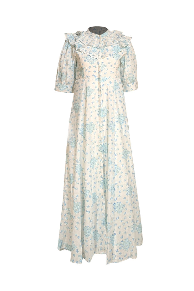 India Amory - White W/ Blue Floral Button Down Maxi Dress Sz S - Current Boutique