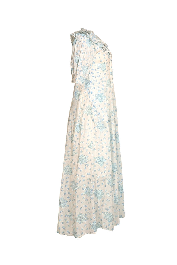 India Amory - White W/ Blue Floral Button Down Maxi Dress Sz S - Current Boutique