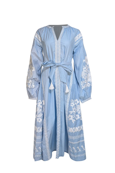 Julia Amory - Blue w/ White Embroidered Detail Dress Sz S - Current Boutique