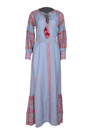 Rose and Rose - Blue w/ Pink & Gold Embroidered Trim Maxi Dress Sz XS - Current Boutique