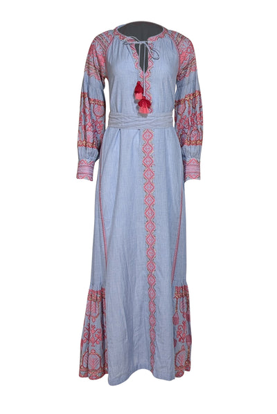 Rose and Rose - Blue w/ Pink & Gold Embroidered Trim Maxi Dress Sz XS - Current Boutique