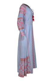 Rose and Rose - Blue w/ Pink & Gold Embroidered Trim Maxi Dress Sz XS - Current Boutique