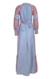 Rose and Rose - Blue w/ Pink & Gold Embroidered Trim Maxi Dress Sz XS - Current Boutique