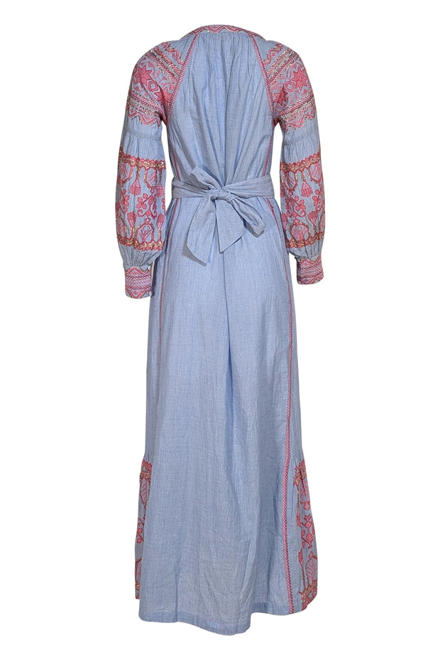 Rose and Rose - Blue w/ Pink & Gold Embroidered Trim Maxi Dress Sz XS - Current Boutique