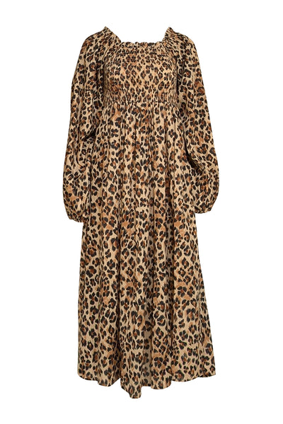 Mille - Tan Leopard Print Smocked Bodice Dress Sz XS - Current Boutique