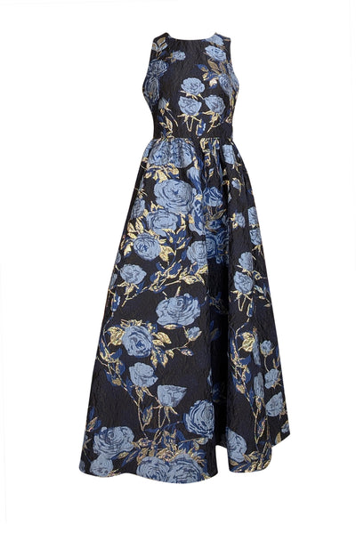 Shoshanna - Navy, Blue, & Gold Floral Brocade Formal Dress Sz 4 - Current Boutique