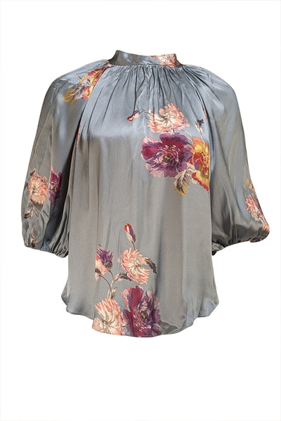 Rebecca Taylor - Blue Silk Floral Mock Neckline Blouse Sz 4 - Current Boutique