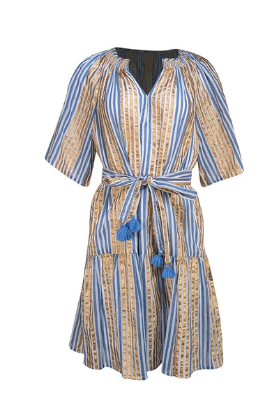 Oliphant - Gold, Blue, & White Striped Cotton Mini Dress Sz S - Current Boutique