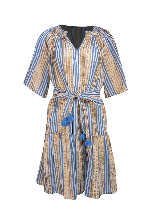 Oliphant - Gold, Blue, & White Striped Cotton Mini Dress Sz S - Current Boutique
