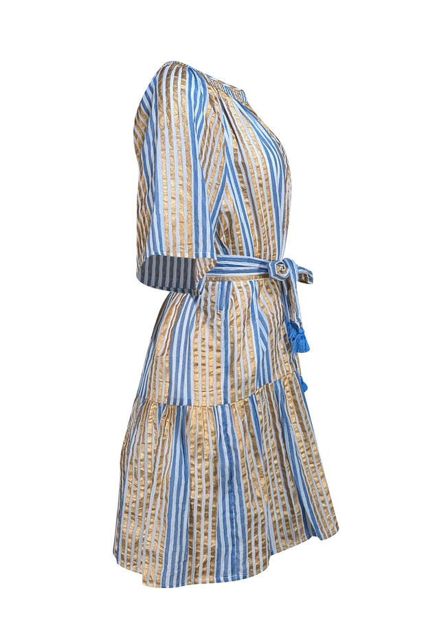 Oliphant - Gold, Blue, & White Striped Cotton Mini Dress Sz S - Current Boutique