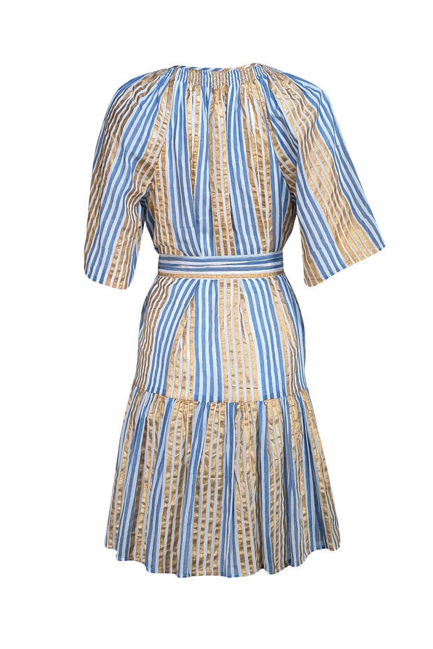 Oliphant - Gold, Blue, & White Striped Cotton Mini Dress Sz S - Current Boutique