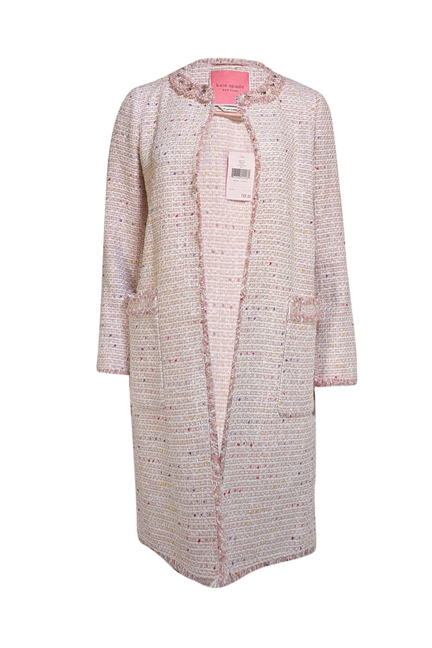 Kate Spade - Pink & White Tweed Collarless Long Jacket Sz 4 - Current Boutique