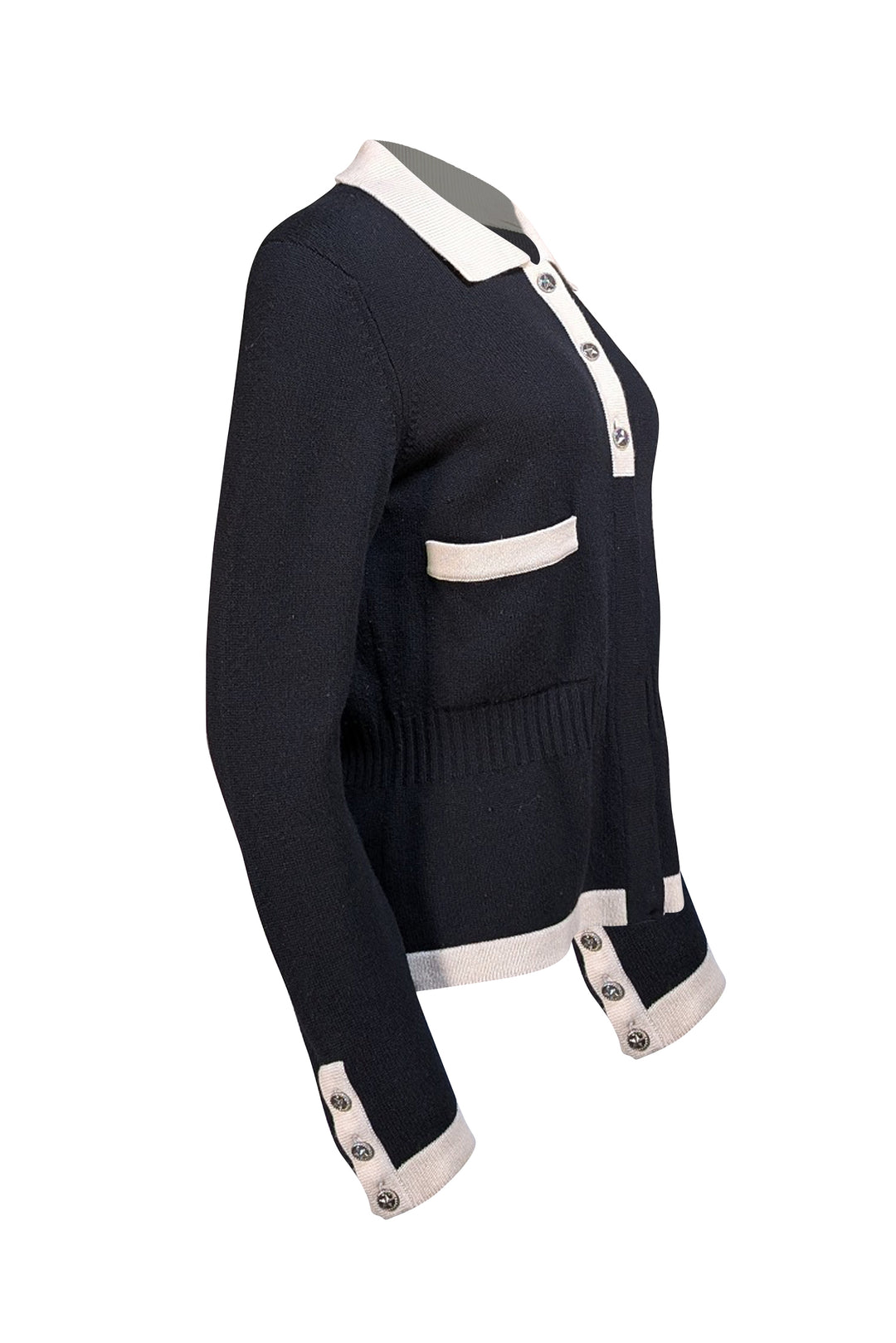 Chanel - Black Knit Quarter Button Sweater w/ Cream Trim Sz M