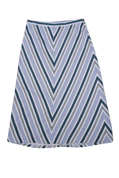 Tory Burch - Ivory, Green, & Blue Striped Midi Skirt Sz M - Current Boutique