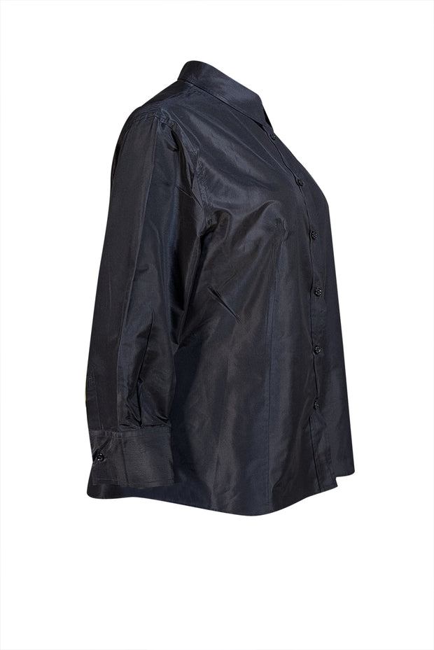 Carolina Herrera - Black Silk Button Down Shirt Sz L - Current Boutique