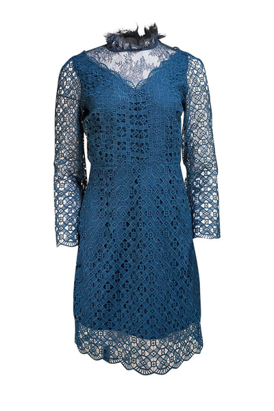 Sandro - Teal Green Lace Sheer Neckline Long Sleeve Dress Sz 8 - Current Boutique