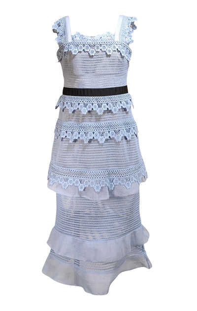 Self-Portrait - Light Blue Lace Tiered Midi Dress Sz 10 - Current Boutique