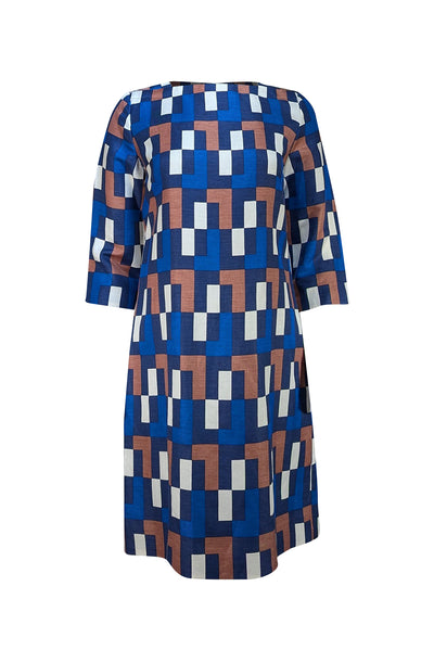 Milly - Blue, Navy, Tan, & Cream Print Shift Dress Sz 8 - Current Boutique