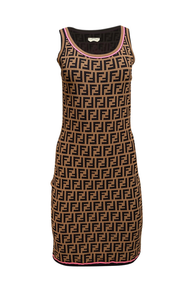Fendi - Brown & Black Monogram Print w/ Pink Trim Tank Dress Sz 4 Fendi - Brown & Black Monogram Print w/ Pink Trim Tank Dress Sz 4