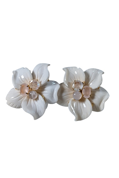 Bounkit - Ivory Floral Pink Center Stone Clip On Earrings
