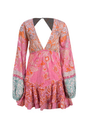 Hemant & Nandita - Orange, Pink, & Green Print Tie Back Dress Sz S - Current Boutique