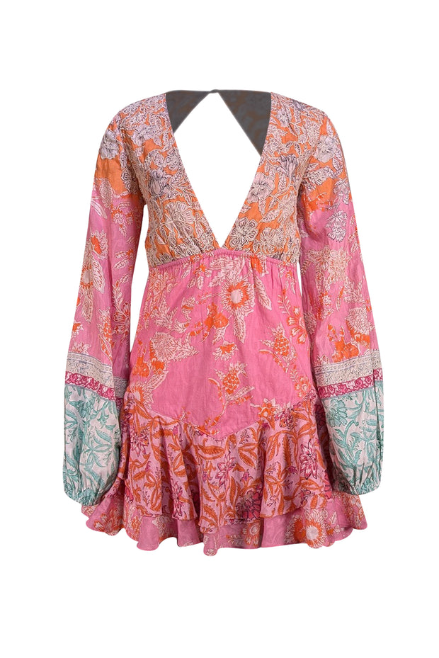 Hemant & Nandita - Orange, Pink, & Green Print Tie Back Dress Sz S - Current Boutique