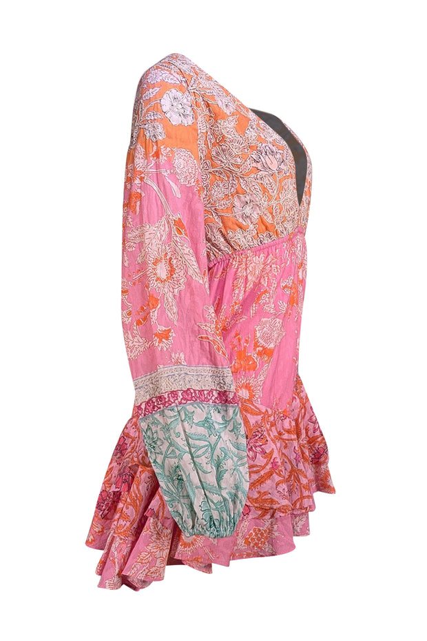 Hemant & Nandita - Orange, Pink, & Green Print Tie Back Dress Sz S - Current Boutique