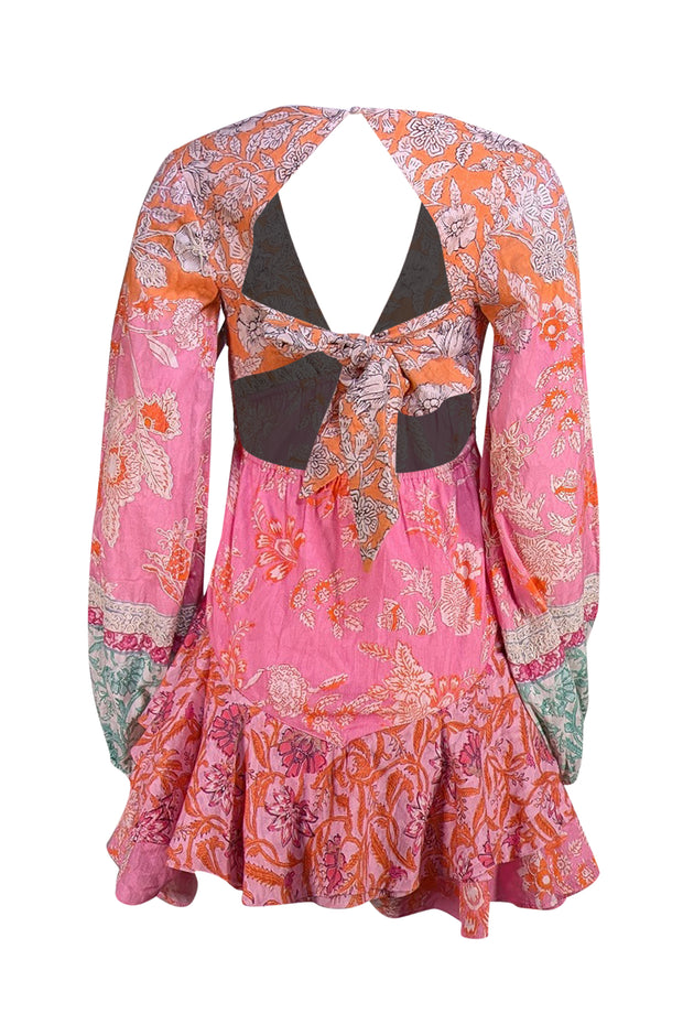 Hemant & Nandita - Orange, Pink, & Green Print Tie Back Dress Sz S - Current Boutique