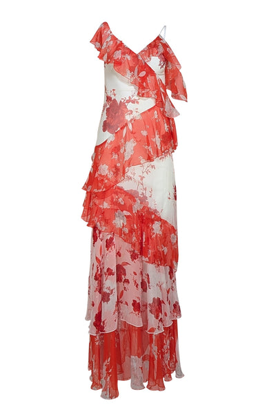 Alice & Olivia - Red & White Floral Silk Formal Dress Sz 0 - Current Boutique