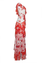 Alice & Olivia - Red & White Floral Silk Formal Dress Sz 0 - Current Boutique