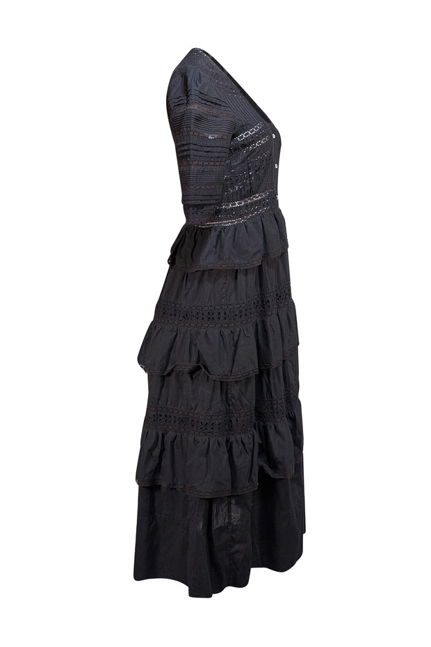 LoveShackFancy - Black Cotton Tiered Dress w/ Embroidered Lace Sz S - Current Boutique