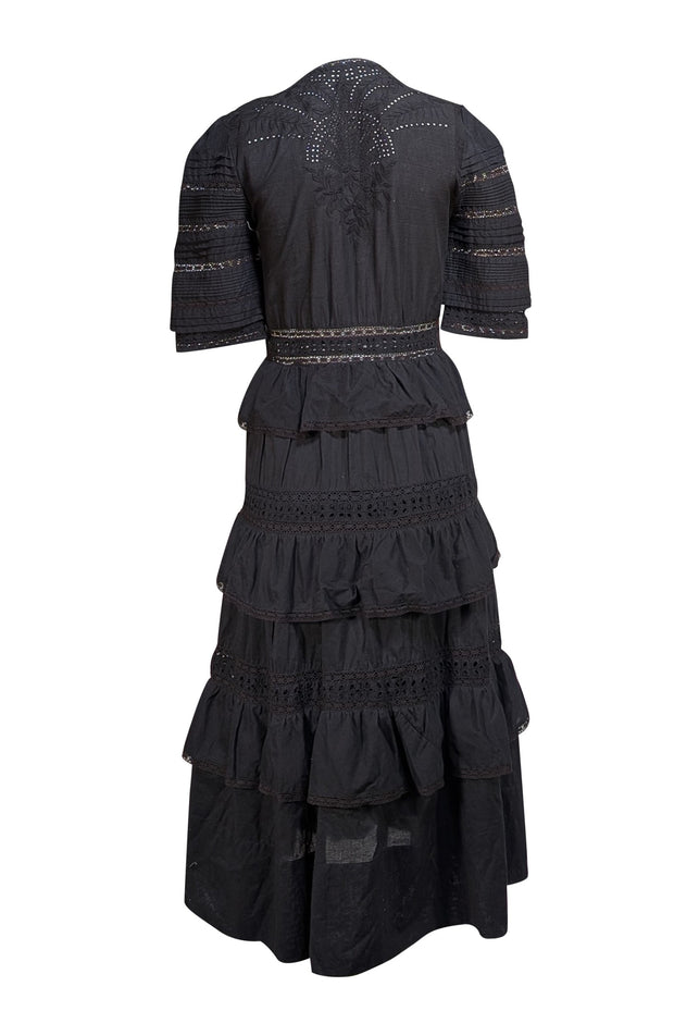 LoveShackFancy - Black Cotton Tiered Dress w/ Embroidered Lace Sz S - Current Boutique