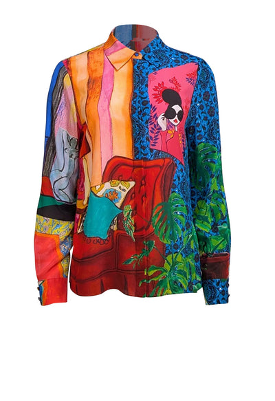 Alice & Olivia - Blue Multi Print Silk Button Down Shirt Sz L - Current Boutique