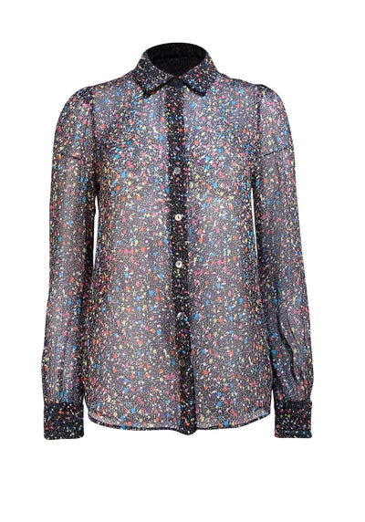 Diane von Furstenberg - Black & Multicolor Speckled Semi Sheer Blouse Sz 8 - Current Boutique