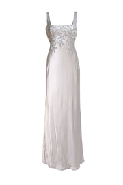 Carmen Marc Valvo - Silver Satin Beaded Sleeveless Dress Sz 12 - Current Boutique