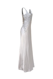 Carmen Marc Valvo - Silver Satin Beaded Sleeveless Dress Sz 12 - Current Boutique