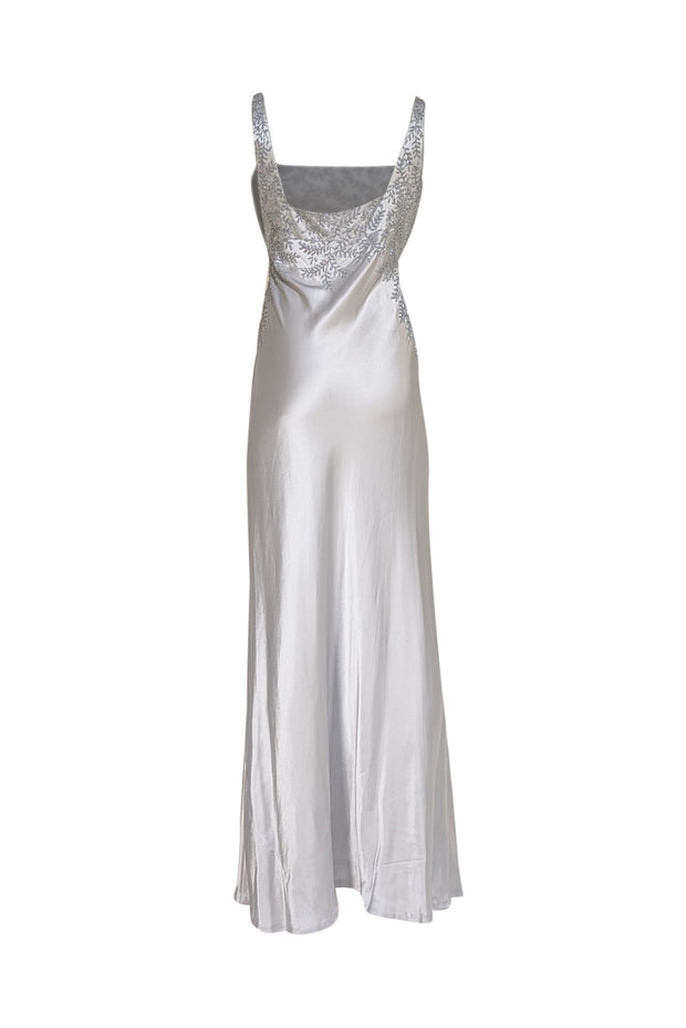 Carmen Marc Valvo - Silver Satin Beaded Sleeveless Dress Sz 12 - Current Boutique