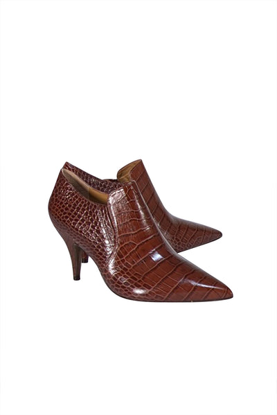 Tory Burch - Brown Croc Embossed Leather Low Ankle Boot Heel Sz 9.5 - Current Boutique