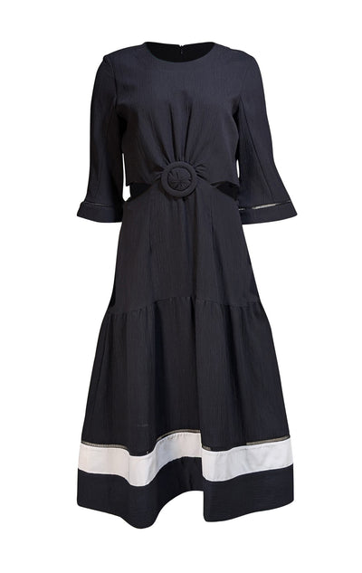 Zeus + Dione - Black Textured Waist Cut Out "Parthenon" Dress Sz 12 - Current Boutique