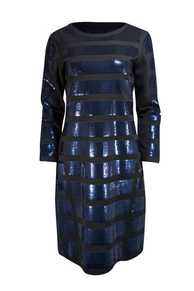 Tory Burch - Black w/Navy Sequin Stripe Long Sleeve Bodycon Dress Sz L - Current Boutique