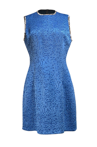 Roberto Cavalli - Blue Brocade Sleeveless Dress w/ Snakeskin Print Trim Sz 10 - Current Boutique