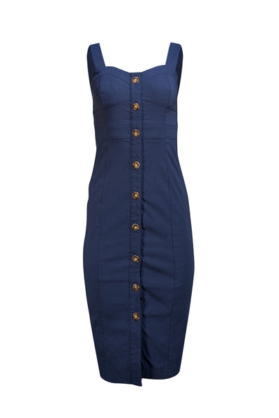 Veronica Beard - Navy Sleeveless Faux Button Front Midi Dress Sz 0 - Current Boutique